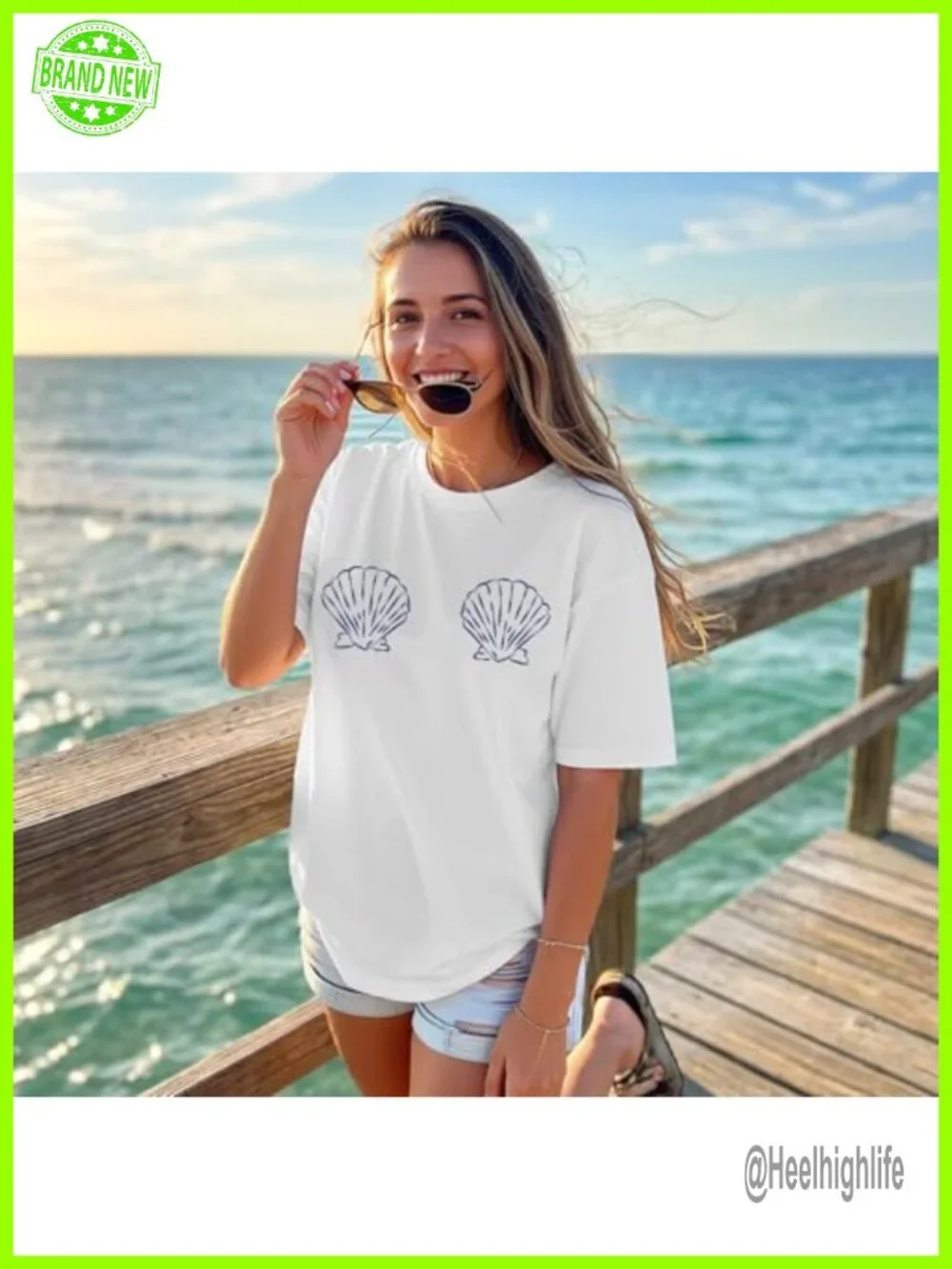 Oversized Seashell Graphic T-Shirt Cotton Blend Crewneck Tropical Summer Top